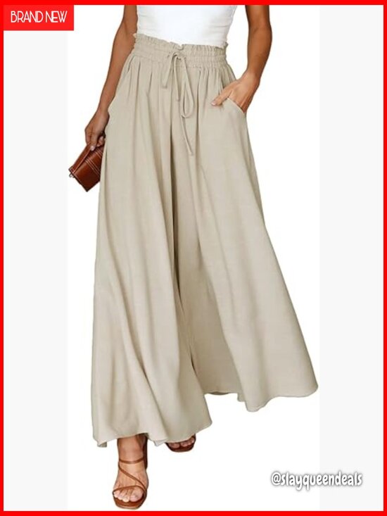 Pants - Elastic High Waisted Wide Leg Pants with Pockets